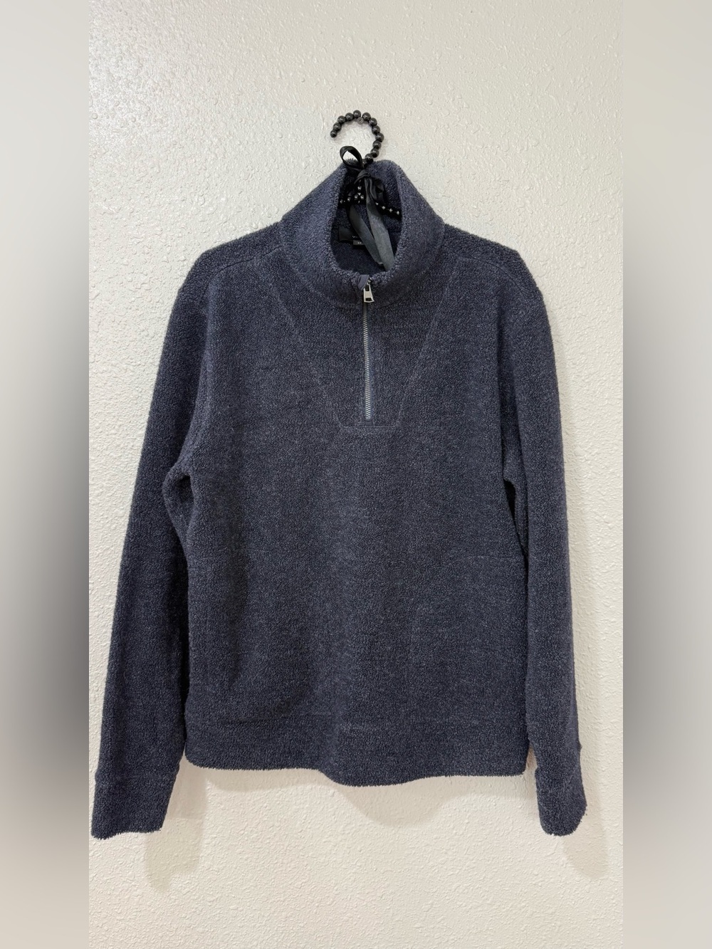 Vince Men’s Bouclé Quarter Zip Pullover Navy Blue Virgin Wool Blend Sweater Sz S - Picture 2 of 8